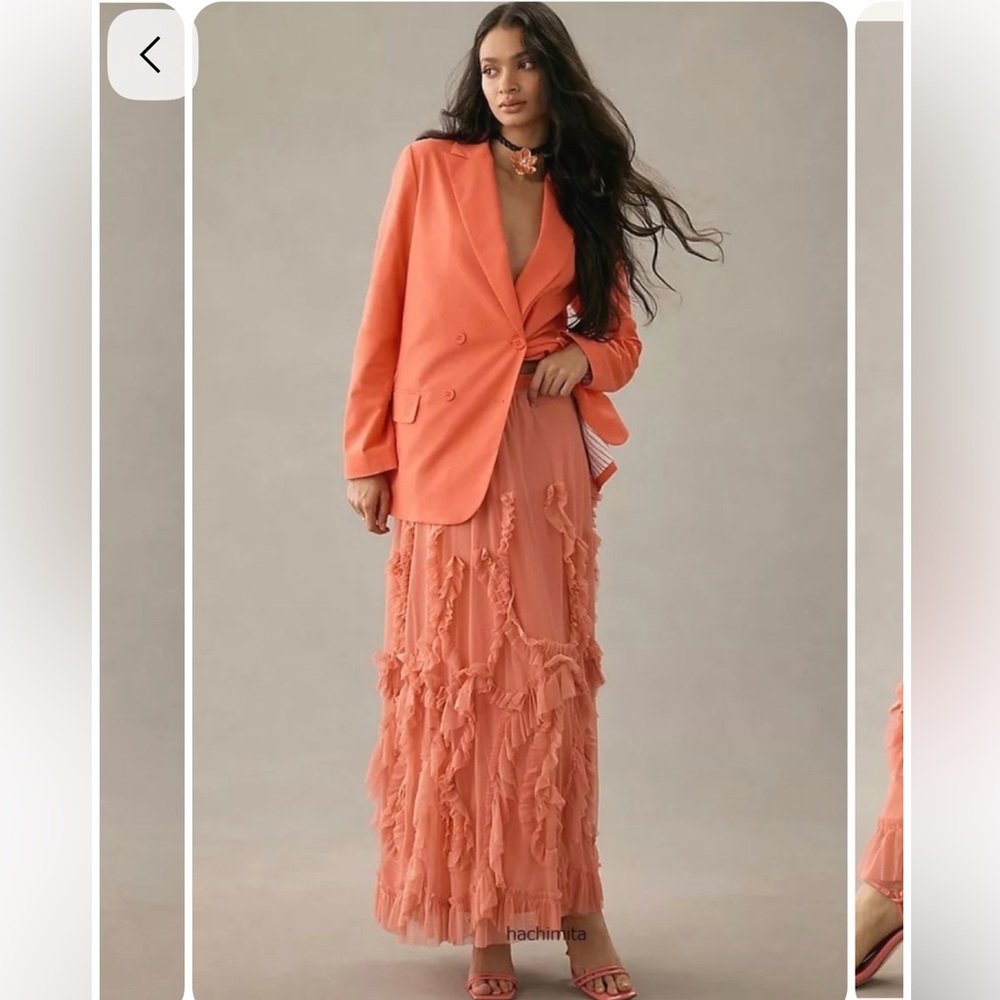 Anthro ruffle tulle & mesh midi skirt, gorgeous coral color, elastic waist, NWOT - Picture 3 of 13